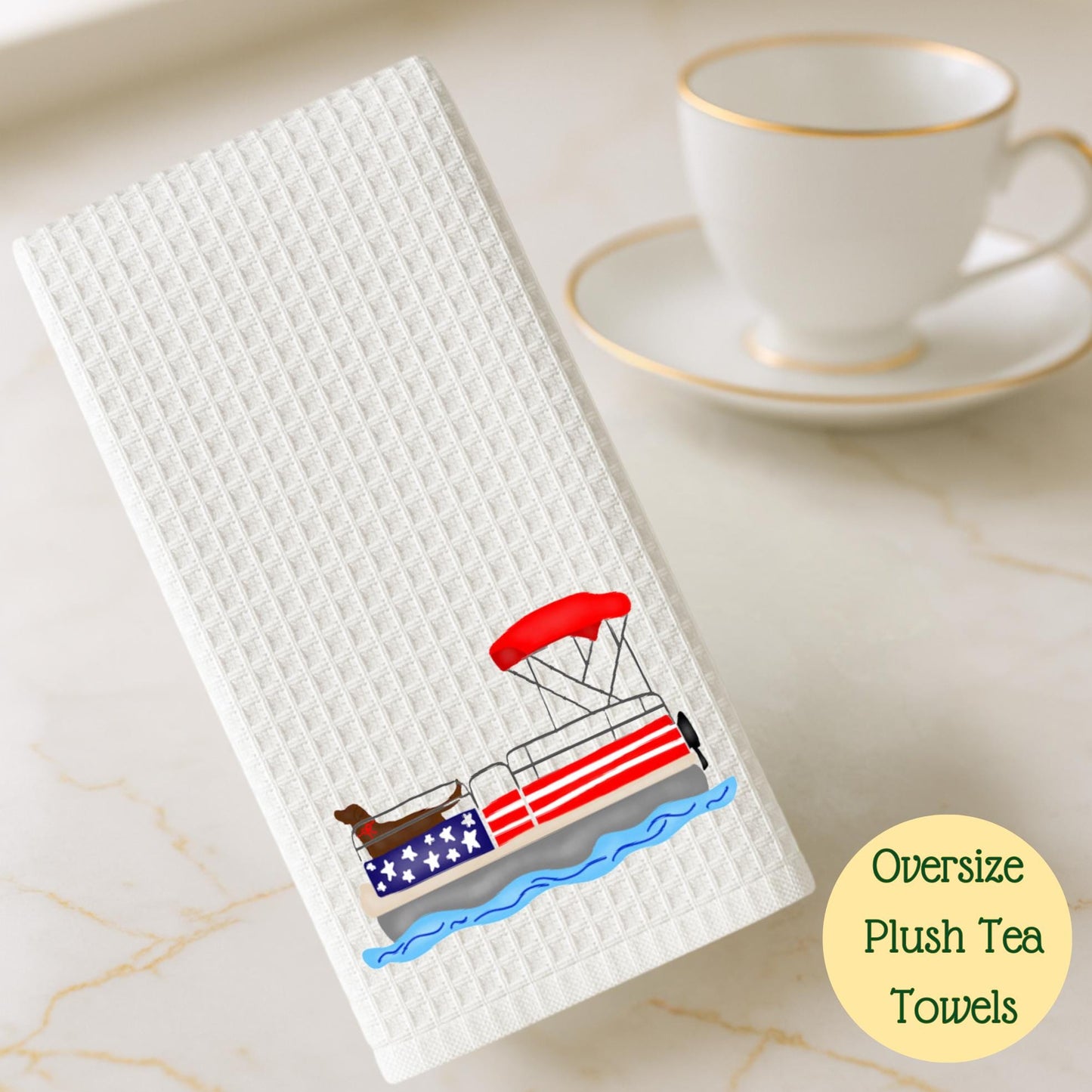 Pup on a Pontoon Tea Towel