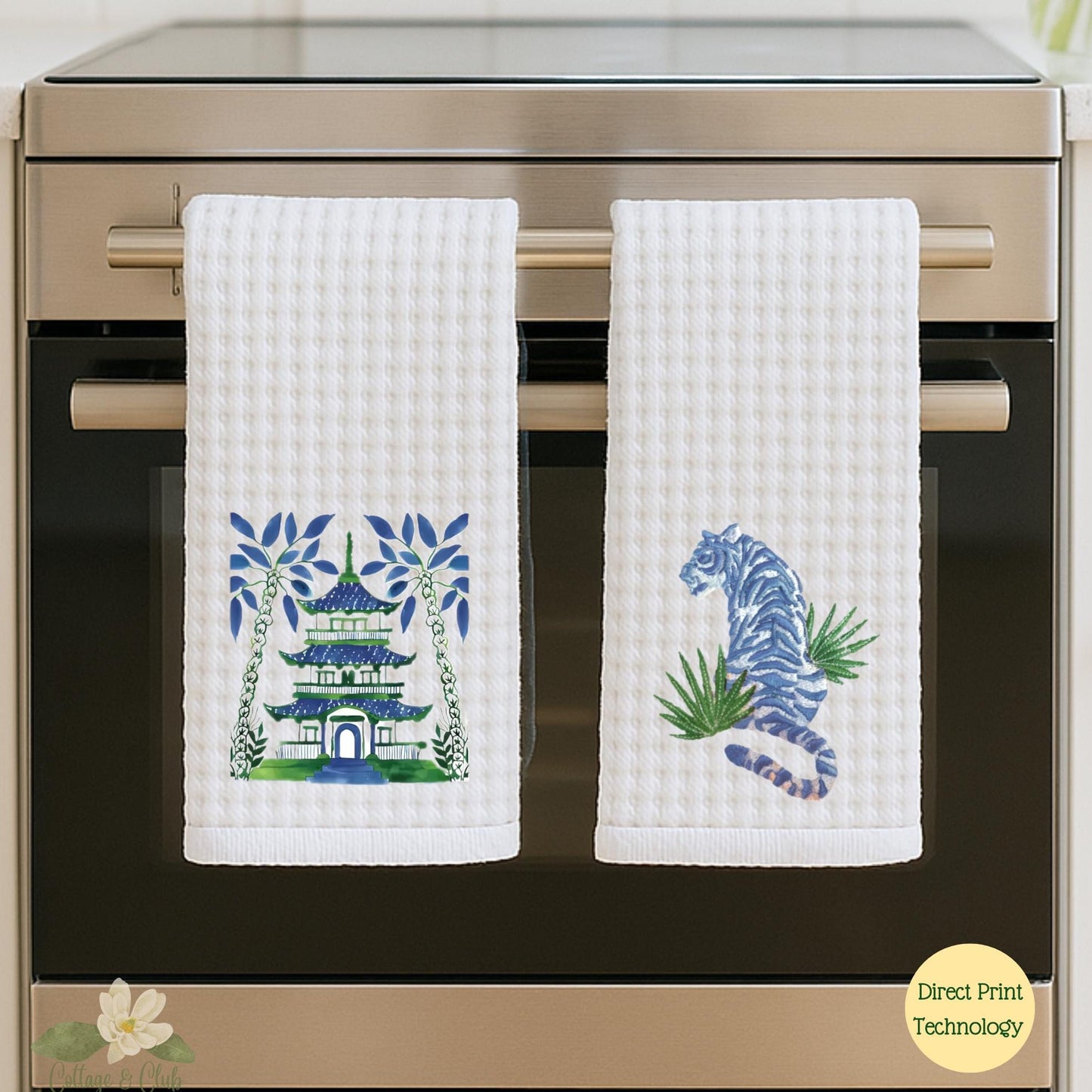 Chinoiserie Inspired Blue and Green Pagoda Tea Towel Collection