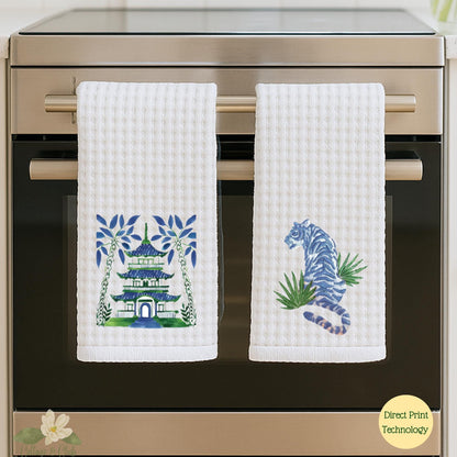 Chinoiserie Inspired Blue and Green Pagoda Tea Towel Collection