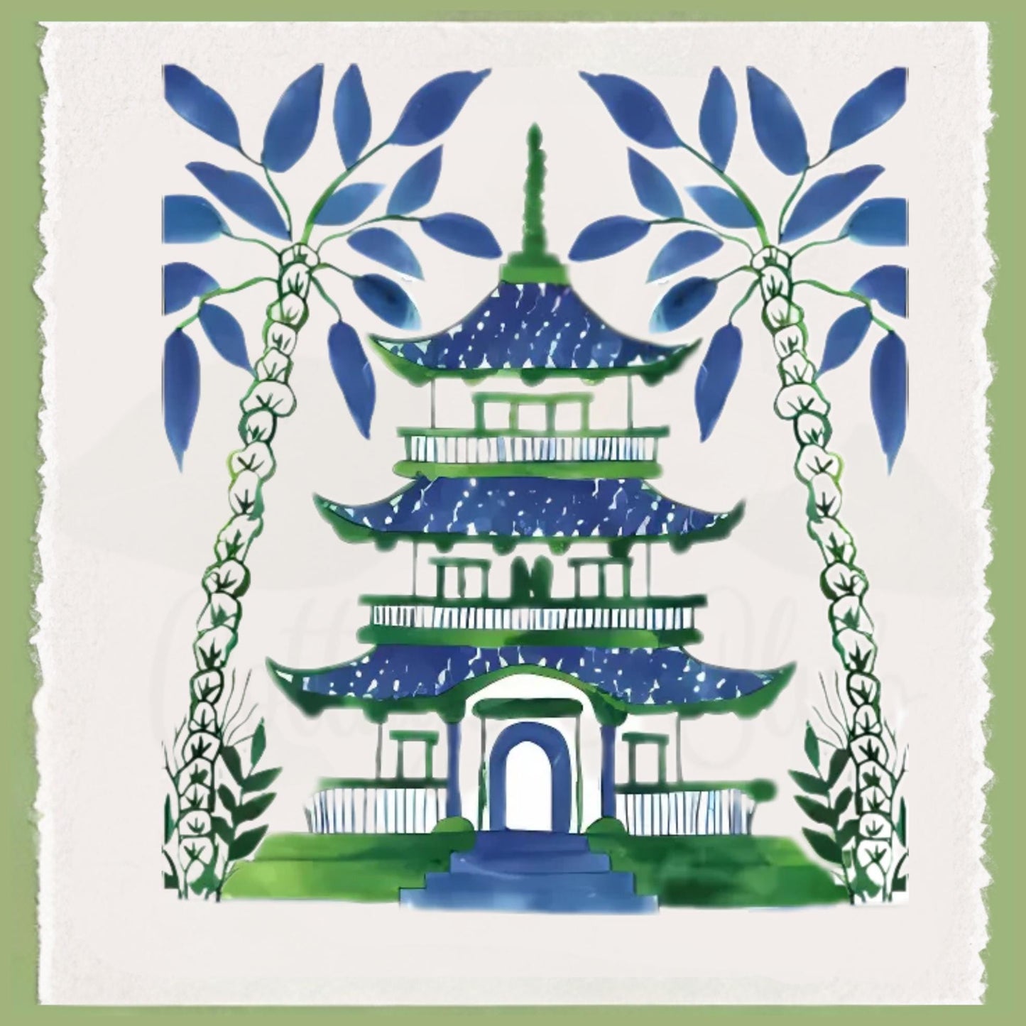 Chinoiserie Inspired Blue and Green Pagoda Tea Towel Collection