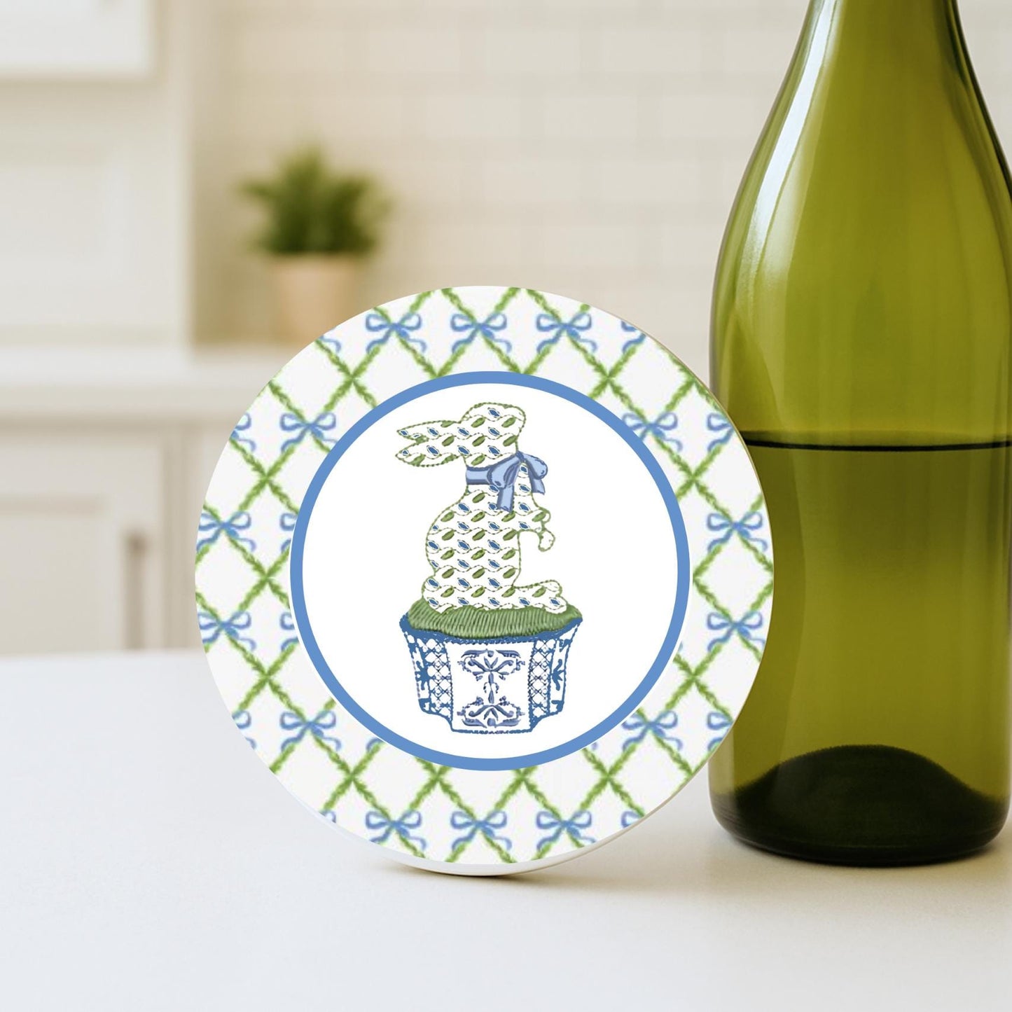 Monogrammed Chinoiserie Coasters: Preppy Blue & White Ceramic Drink Coasters