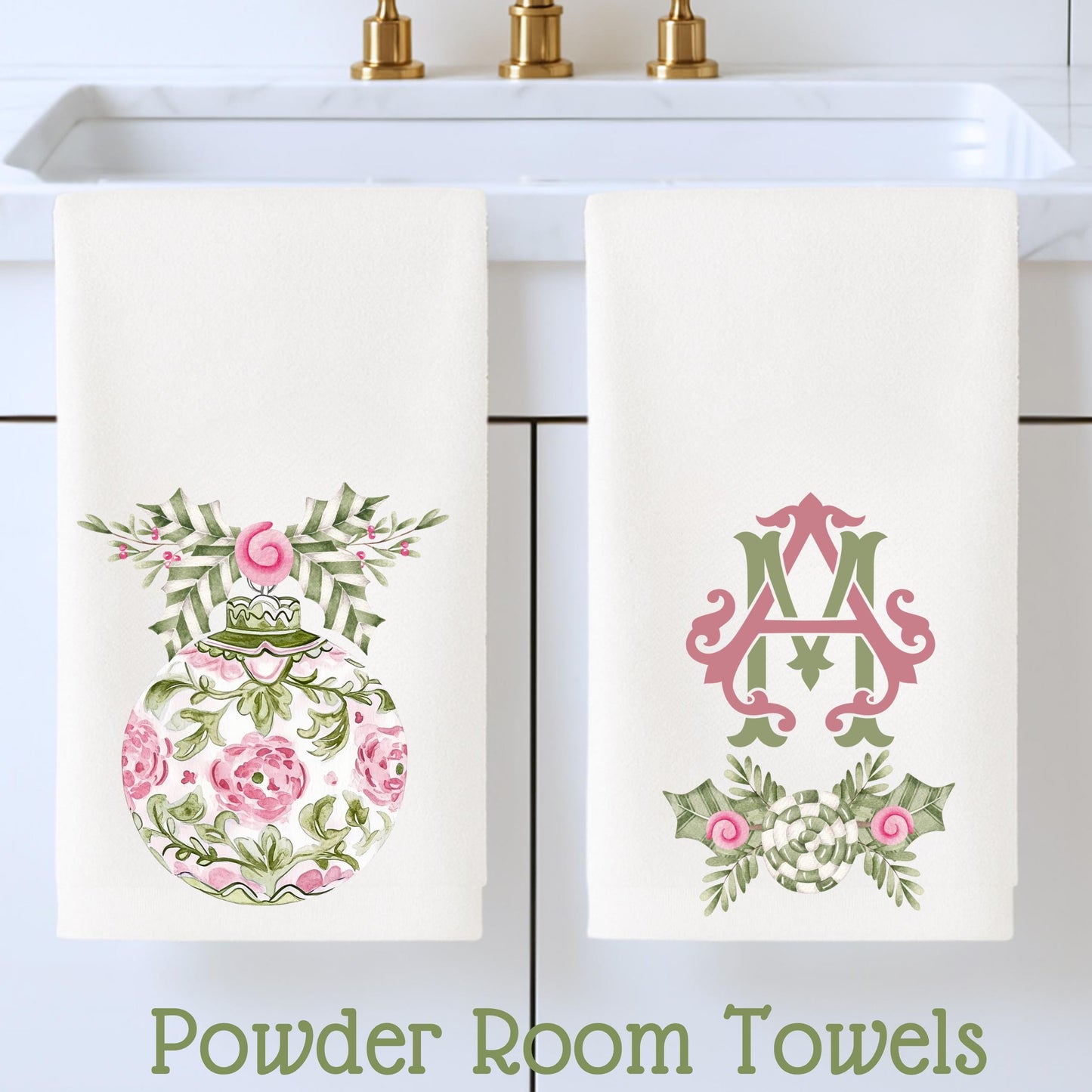 Preppy Pink and Green Christmas Powder Room Fingertip Hand Towels - Personalized Towels For Bathroom
