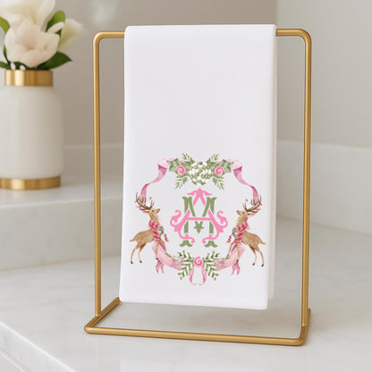Preppy Pink and Green Christmas Powder Room Fingertip Hand Towels - Personalized Towels For Bathroom