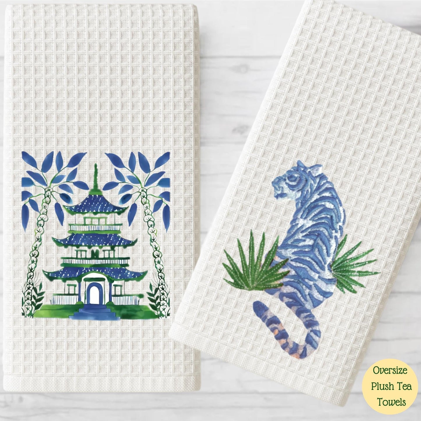 Chinoiserie Inspired Blue and Green Pagoda Tea Towel Collection