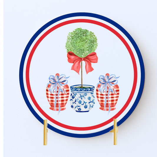 4th of July Patriotic American Flag Drink Coasters - Set of 4 Cork Back Ceramic Preppy Ginger Jar Topiary Coasters
