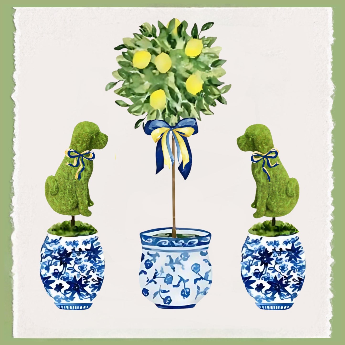 Dog Topiary Chinoiserie Tea Towel Personalized Gift Preppy Kitchen Decor Hostess Birthday Gift For Her Blue and White Grand Millennial