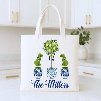 Dog Topiary Chinoiserie Tea Towel Personalized Gift Preppy Kitchen Decor Hostess Birthday Gift For Her Blue and White Grand Millennial