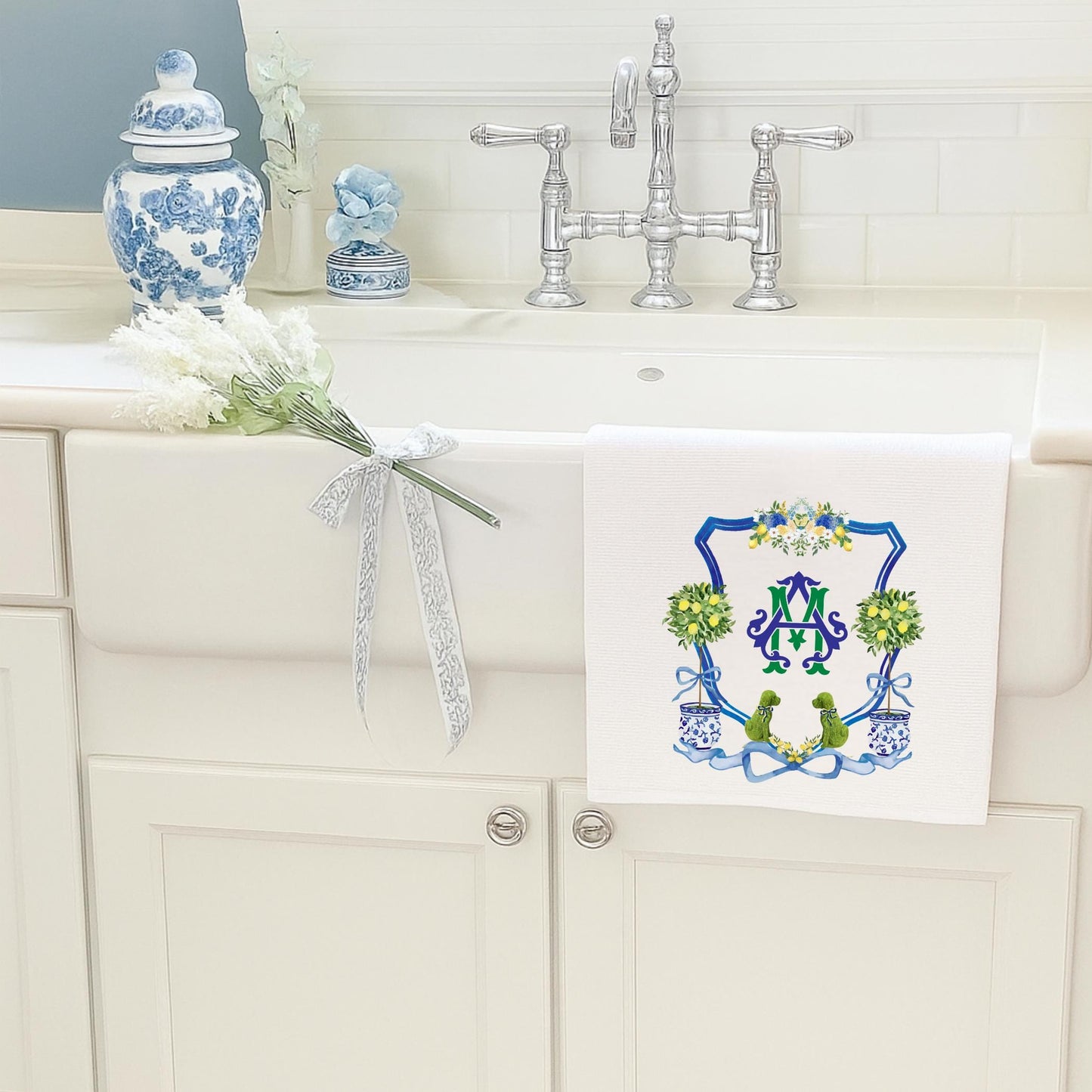 Dog Topiary Chinoiserie Tea Towel Personalized Gift Preppy Kitchen Decor Hostess Birthday Gift For Her Blue and White Grand Millennial