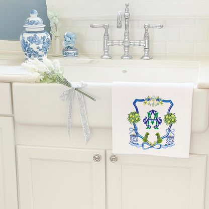 Dog Topiary Chinoiserie Tea Towel Personalized Gift Preppy Kitchen Decor Hostess Birthday Gift For Her Blue and White Grand Millennial