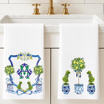 Dog Topiary Chinoiserie Tea Towel Personalized Gift Preppy Kitchen Decor Hostess Birthday Gift For Her Blue and White Grand Millennial