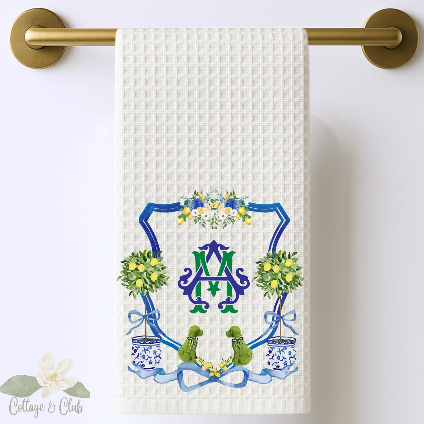 Dog Topiary Chinoiserie Tea Towel Personalized Gift Preppy Kitchen Decor Hostess Birthday Gift For Her Blue and White Grand Millennial