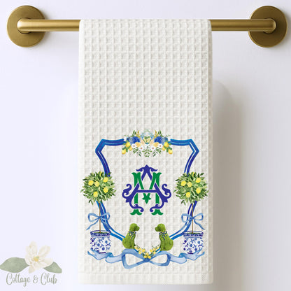 Dog Topiary Chinoiserie Tea Towel Personalized Gift Preppy Kitchen Decor Hostess Birthday Gift For Her Blue and White Grand Millennial