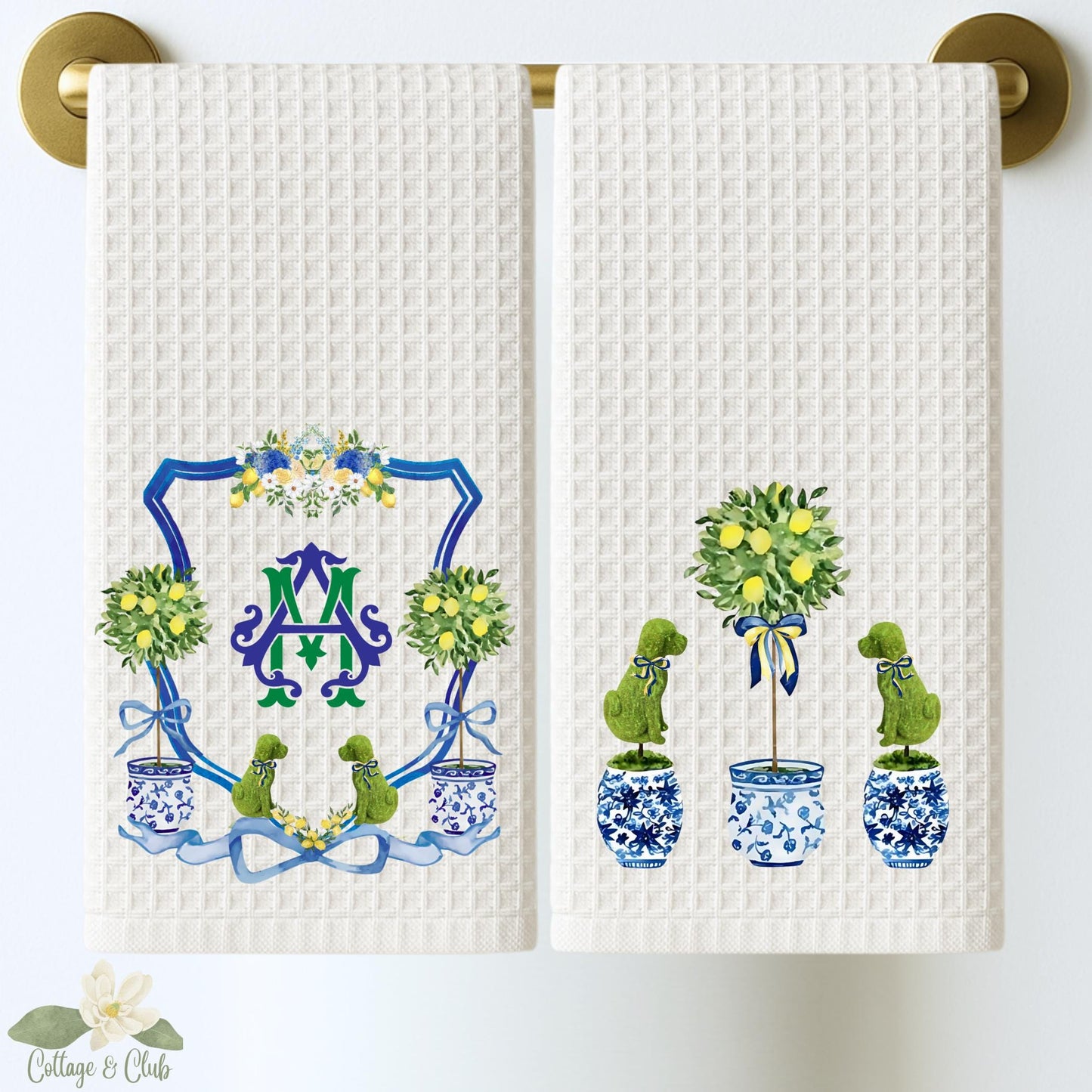 Dog Topiary Chinoiserie Tea Towel Personalized Gift Preppy Kitchen Decor Hostess Birthday Gift For Her Blue and White Grand Millennial