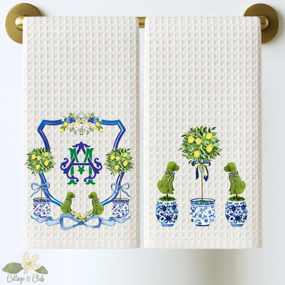 Dog Topiary Chinoiserie Tea Towel Personalized Gift Preppy Kitchen Decor Hostess Birthday Gift For Her Blue and White Grand Millennial