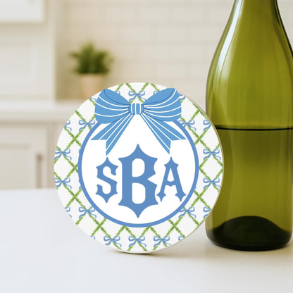 Monogrammed Chinoiserie Coasters: Preppy Blue & White Ceramic Drink Coasters