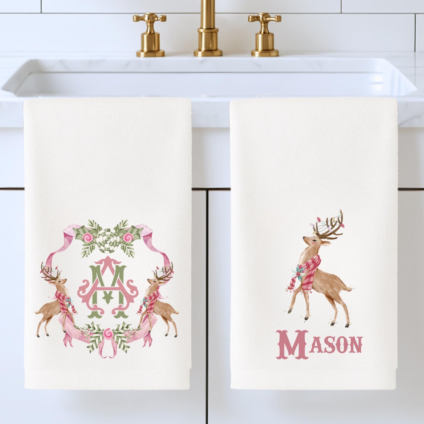 Preppy Pink and Green Christmas Powder Room Fingertip Hand Towels - Personalized Towels For Bathroom