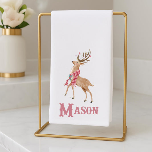 Preppy Pink and Green Christmas Powder Room Fingertip Hand Towels - Personalized Towels For Bathroom