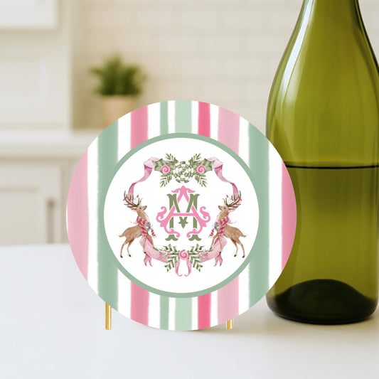 Christmas Coaster Custom Monogram Pink and Green Preppy Holiday Drink Coasters Personalized Gift -Holiday Decor - Bar cart Decor
