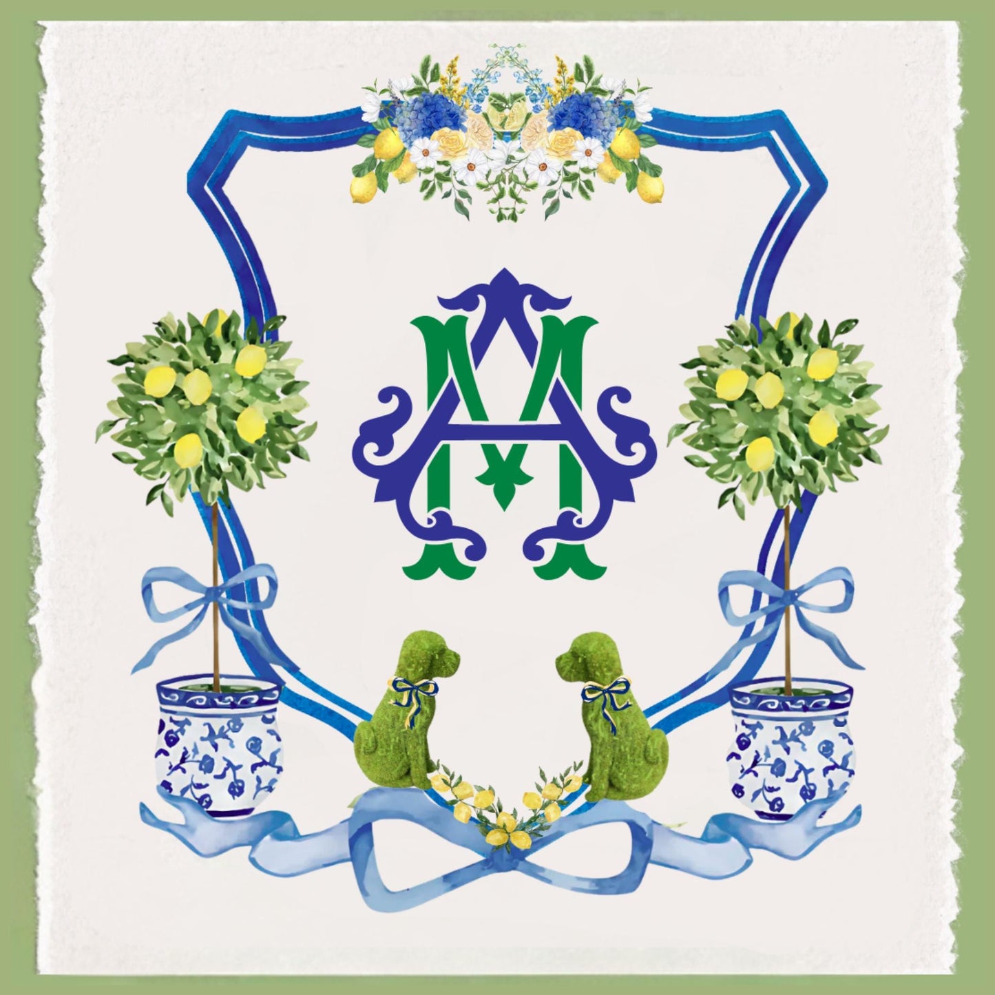 Dog Topiary Chinoiserie Tea Towel Personalized Gift Preppy Kitchen Decor Hostess Birthday Gift For Her Blue and White Grand Millennial