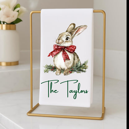 Personalized Rabbit Christmas Kitchen Towel: Preppy Holiday Decor
