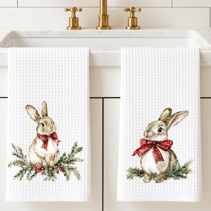 Personalized Rabbit Christmas Kitchen Towel: Preppy Holiday Decor
