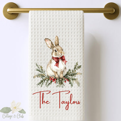 Personalized Rabbit Christmas Kitchen Towel: Preppy Holiday Decor