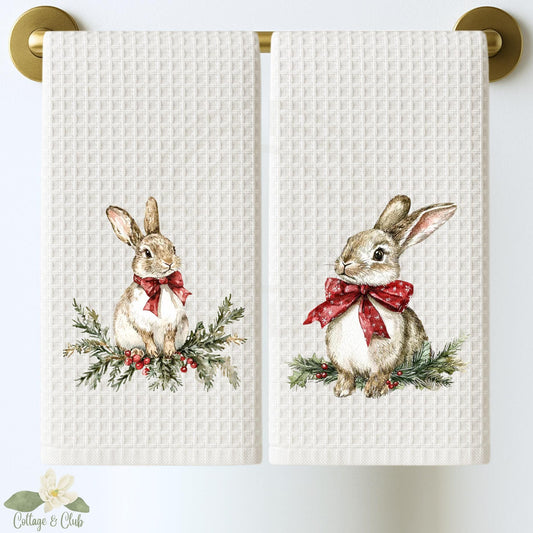 Personalized Rabbit Christmas Kitchen Towel: Preppy Holiday Decor