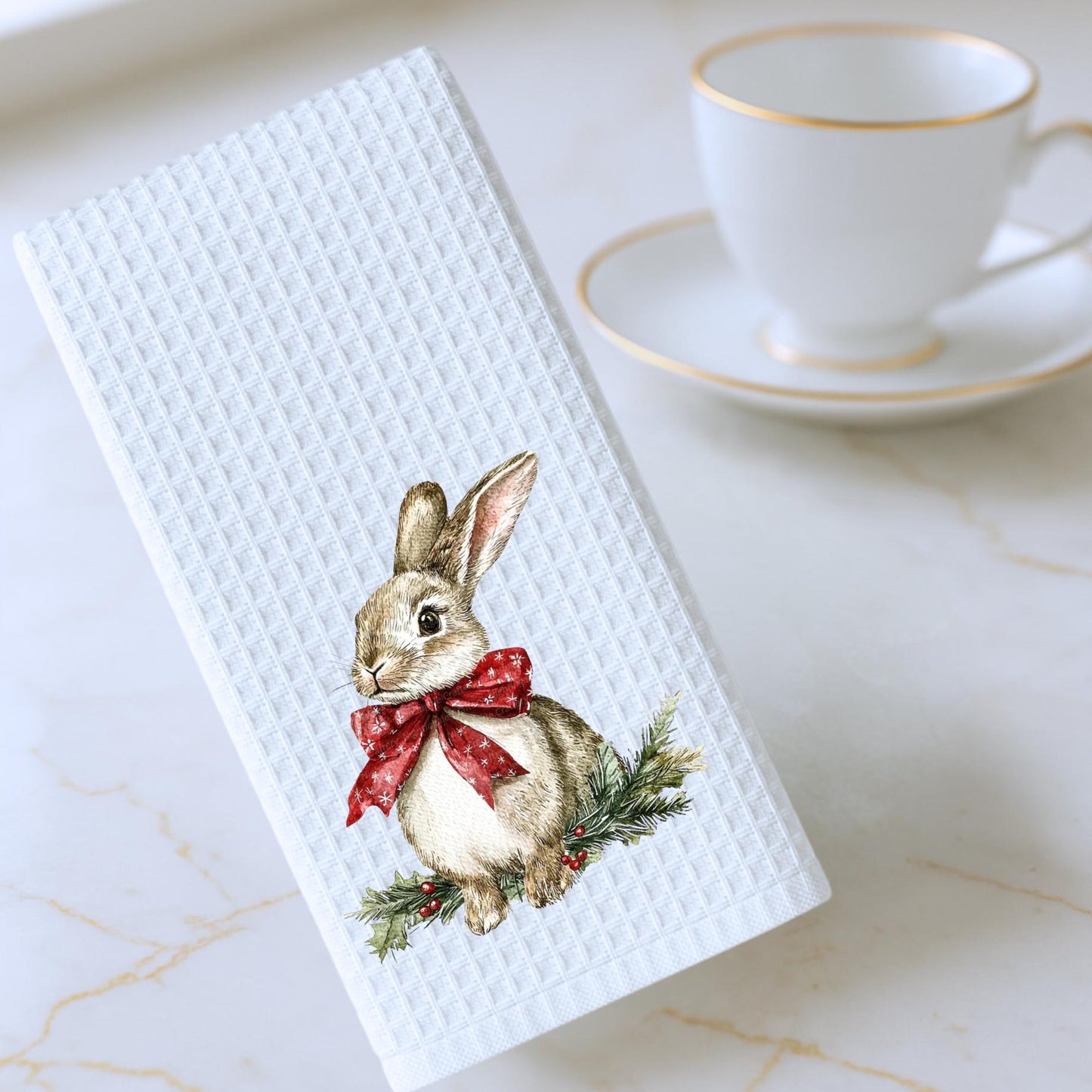 Personalized Rabbit Christmas Kitchen Towel: Preppy Holiday Decor