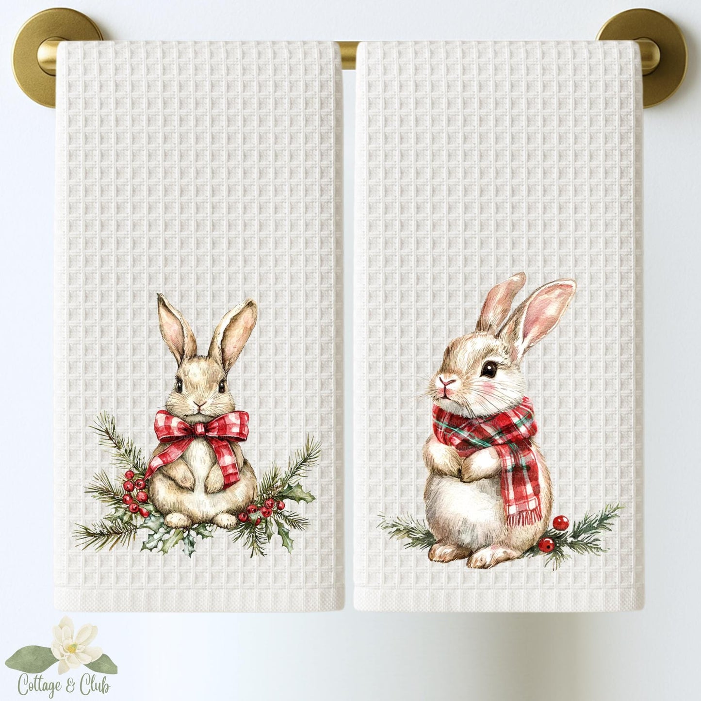 Personalized Rabbit Christmas Kitchen Towel: Preppy Holiday Decor
