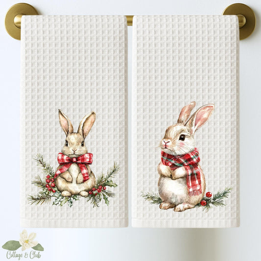 Personalized Rabbit Christmas Kitchen Towel: Preppy Holiday Decor