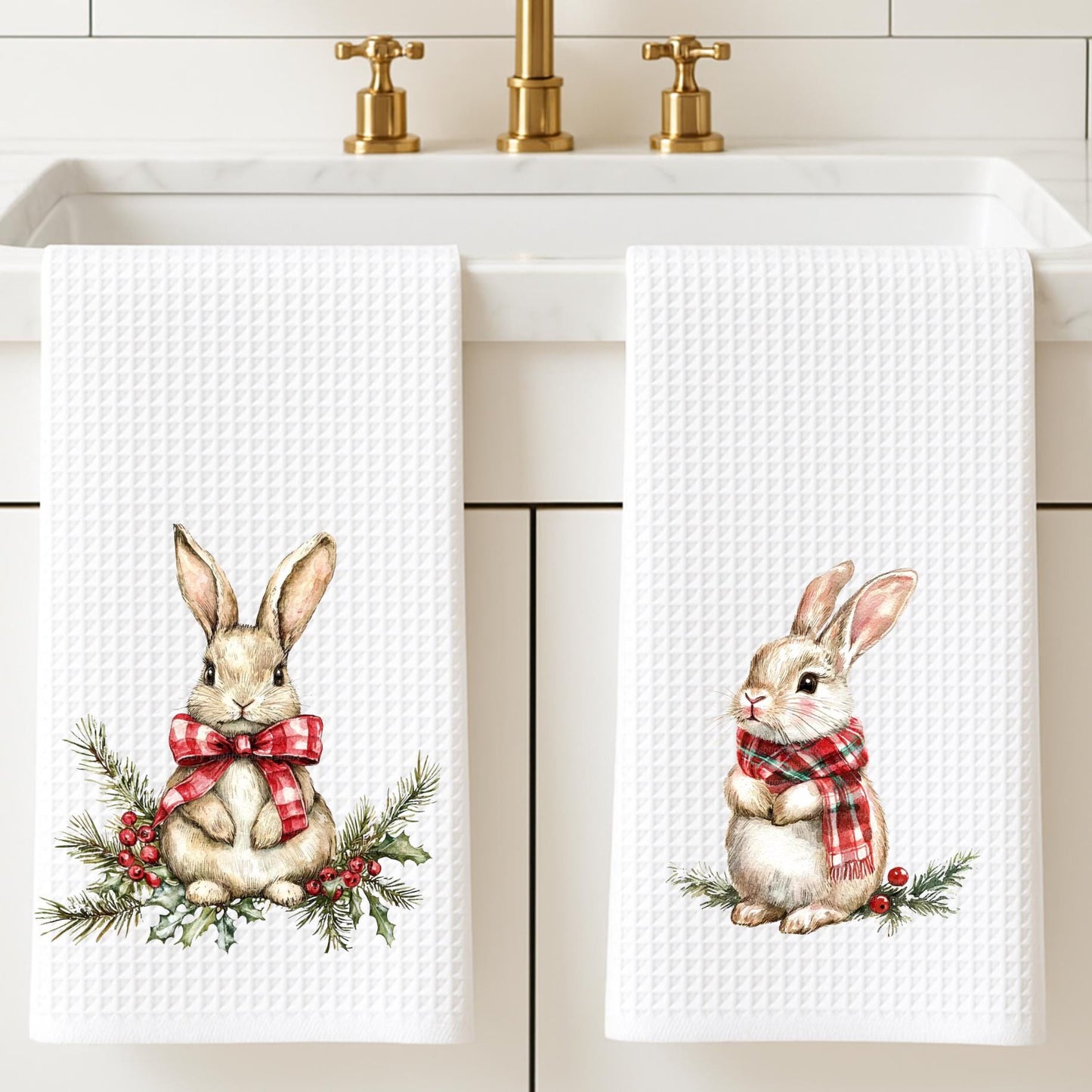 Personalized Rabbit Christmas Kitchen Towel: Preppy Holiday Decor