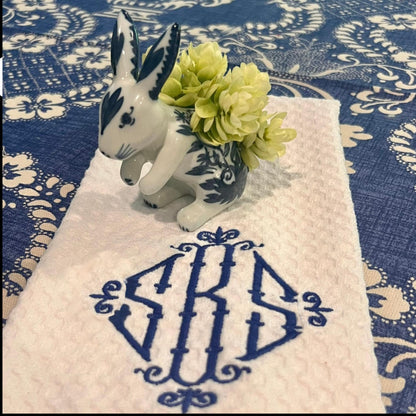 Embroidered Monogram Tea Towel Personalized Gift Preppy Kitchen Decor Hostess Birthday Gift For Her  Kitchen Dish Towel Blue and White Decor