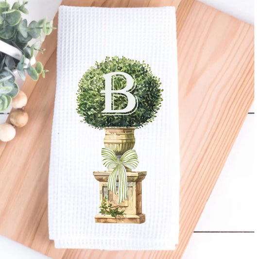 Monogram Boxwood Topiary Tea Towel Personalized Gift Preppy Kitchen Decor Hostess Birthday Gift For Her Personalized Towel