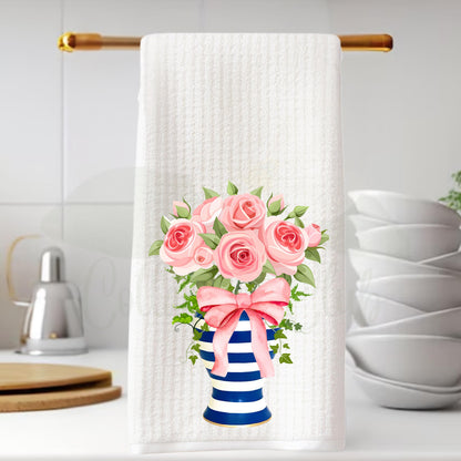 Blue & Pink Floral Ginger Jar Tea Towels Preppy French Country Decor Grand Millennial