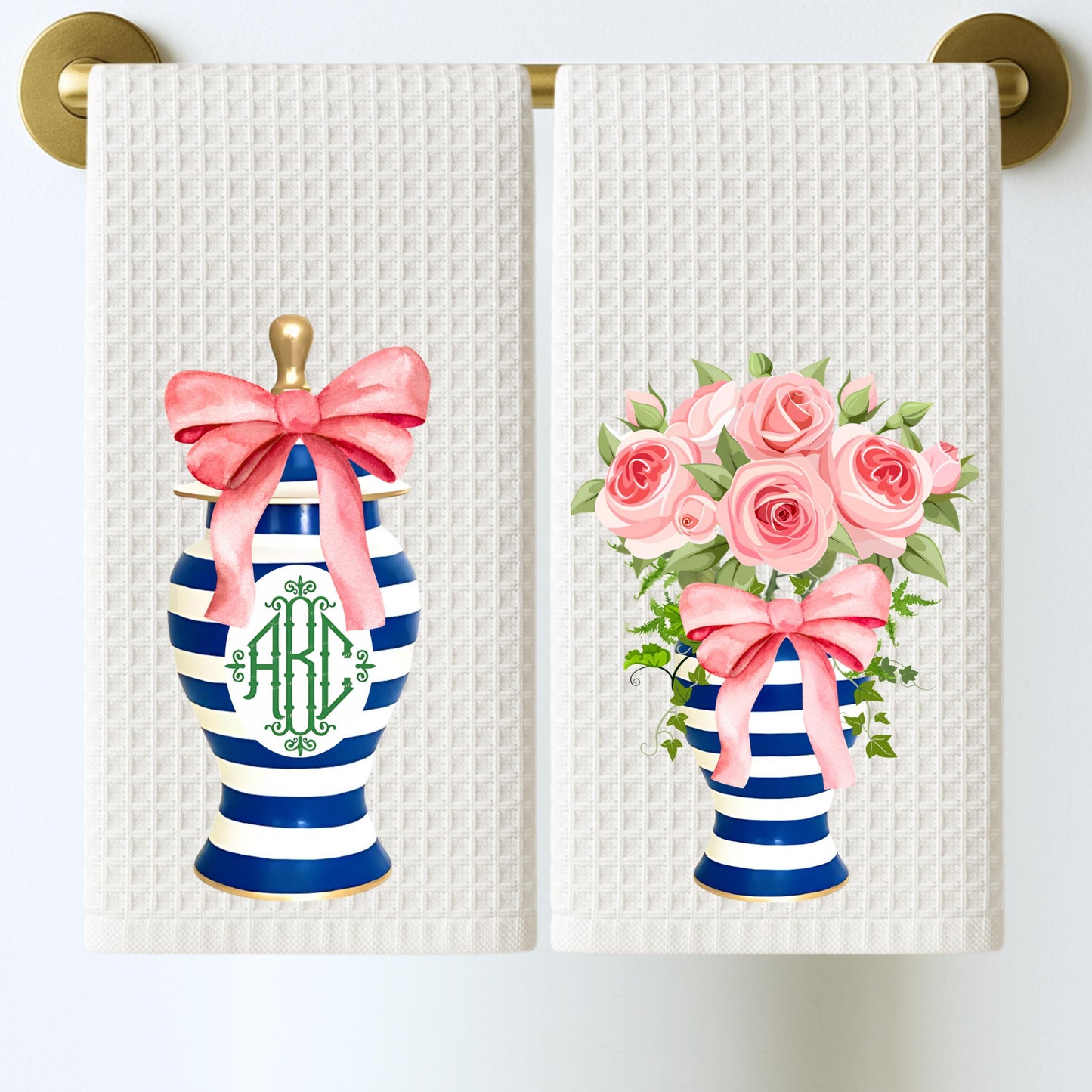 Blue & Pink Floral Ginger Jar Tea Towels Preppy French Country Decor Grand Millennial
