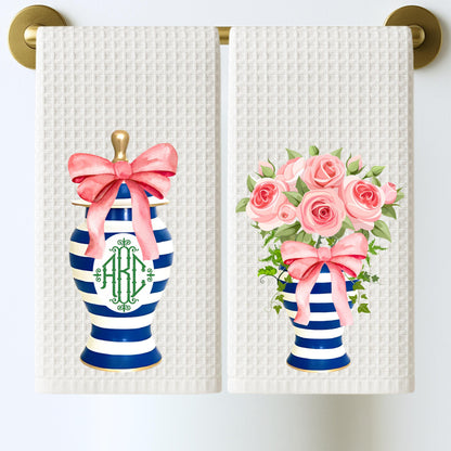 Blue & Pink Floral Ginger Jar Tea Towels Preppy French Country Decor Grand Millennial