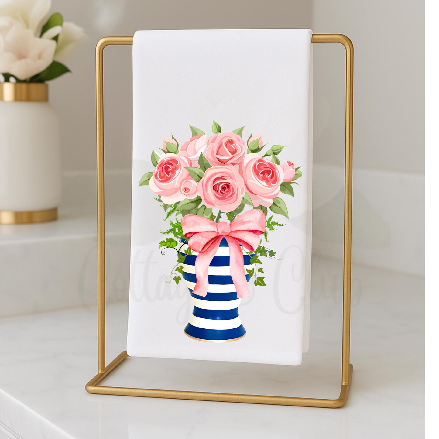 Blue & Pink Floral Ginger Jar Tea Towels Preppy French Country Decor Grand Millennial