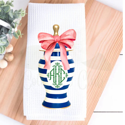 Blue & Pink Floral Ginger Jar Tea Towels Preppy French Country Decor Grand Millennial