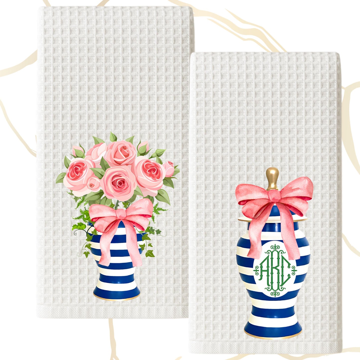 Blue & Pink Floral Ginger Jar Tea Towels Preppy French Country Decor Grand Millennial