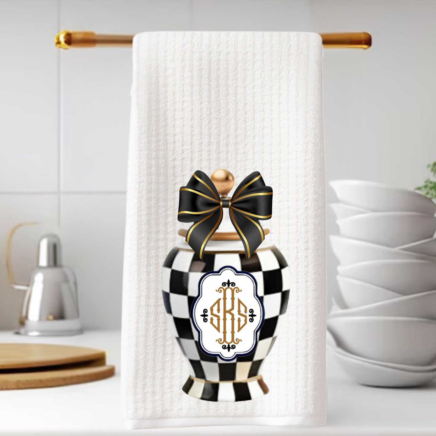 Personalized McKenzie Childs Courtly Check Tea Towel | Custom Kitchen Decor Gift for Her, Mom, Houstess, Birthday, hostess, fall Halloween