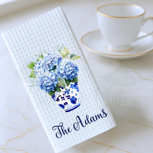Personalized Hydrangeas In Blue Chinoiserie Vase Tea Dish Hand Kitchen Towel, Floral Kitchen Towel Decor Gift, Hostess Housewarming Gift