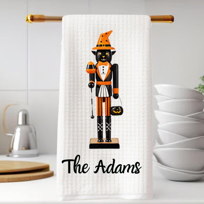 Personalized Halloween Nutcracker Tea Towel | Custom Kitchen Decor Gift for Her, Mom, Fall Halloween, Black & White Decor, Hostess Gift
