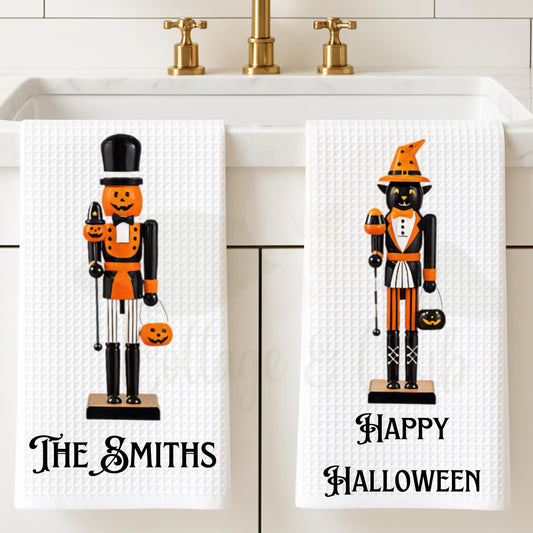Personalized Halloween Nutcracker Tea Towel | Custom Kitchen Decor Gift for Her, Mom, Fall Halloween, Black & White Decor, Hostess Gift