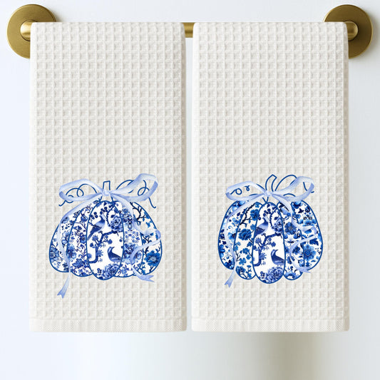 Personalized Fall Chinoiserie Tea Towel Set: Blue & White Pumpkin Kitchen Decor