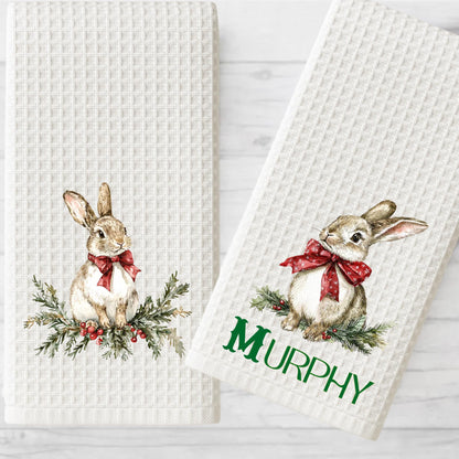 Personalized Rabbit Christmas Kitchen Towel: Preppy Holiday Decor