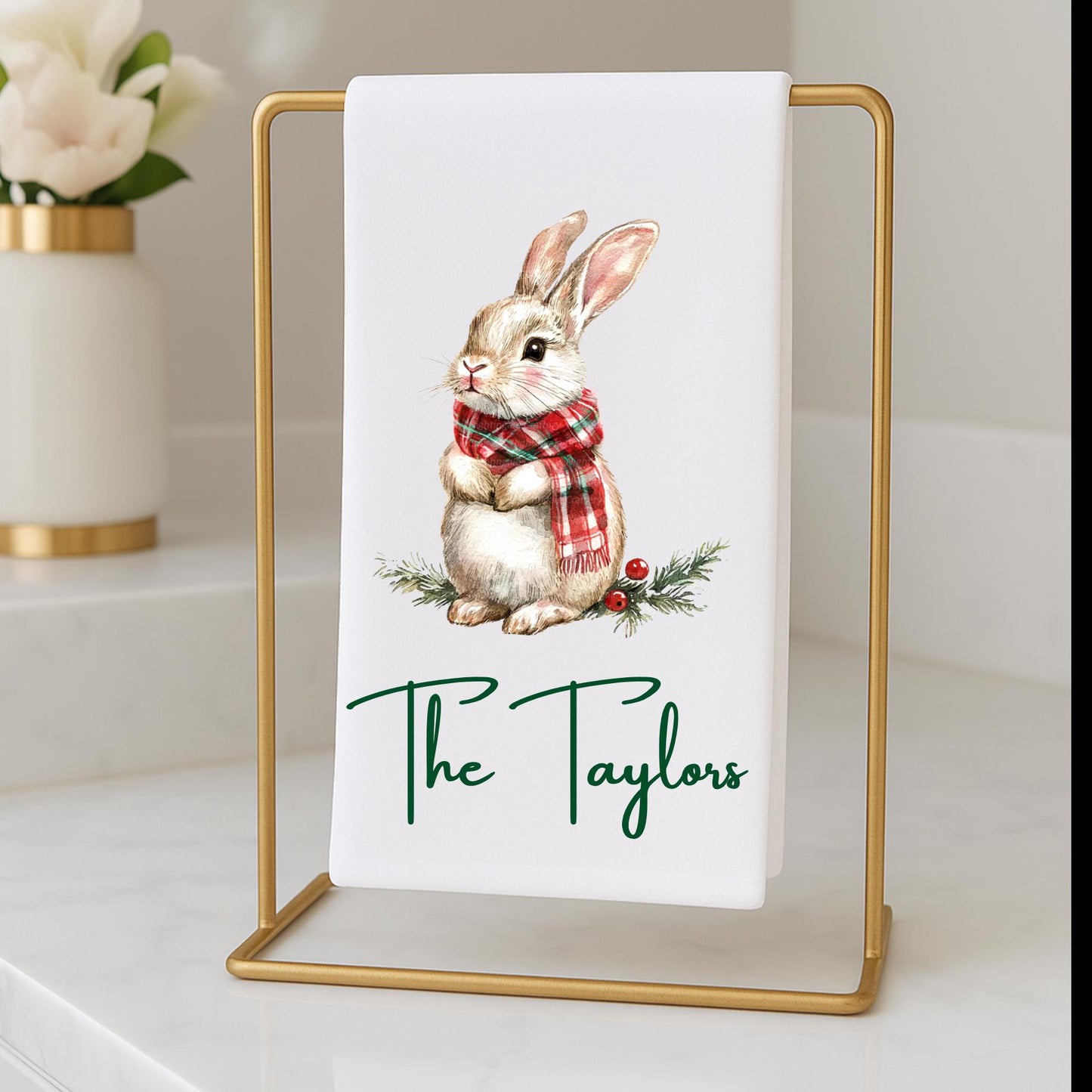 Personalized Rabbit Christmas Kitchen Towel: Preppy Holiday Decor