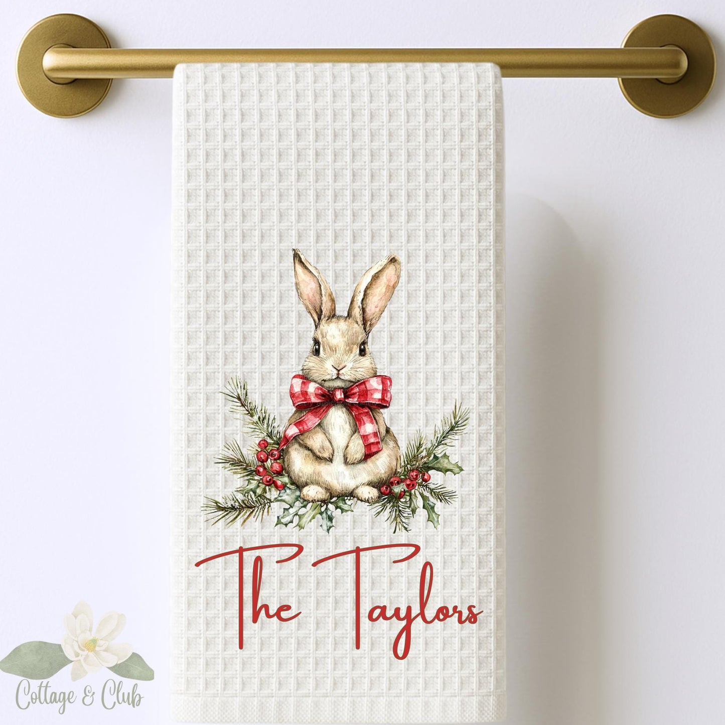 Personalized Rabbit Christmas Kitchen Towel: Preppy Holiday Decor