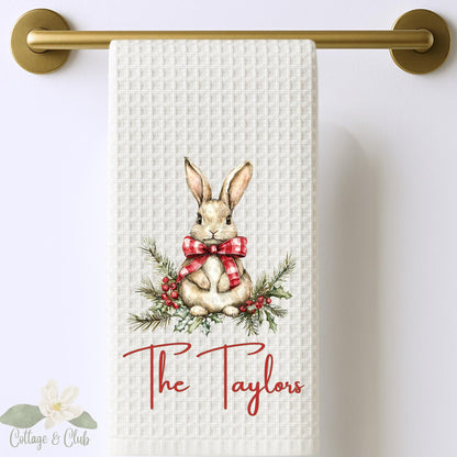 Personalized Rabbit Christmas Kitchen Towel: Preppy Holiday Decor