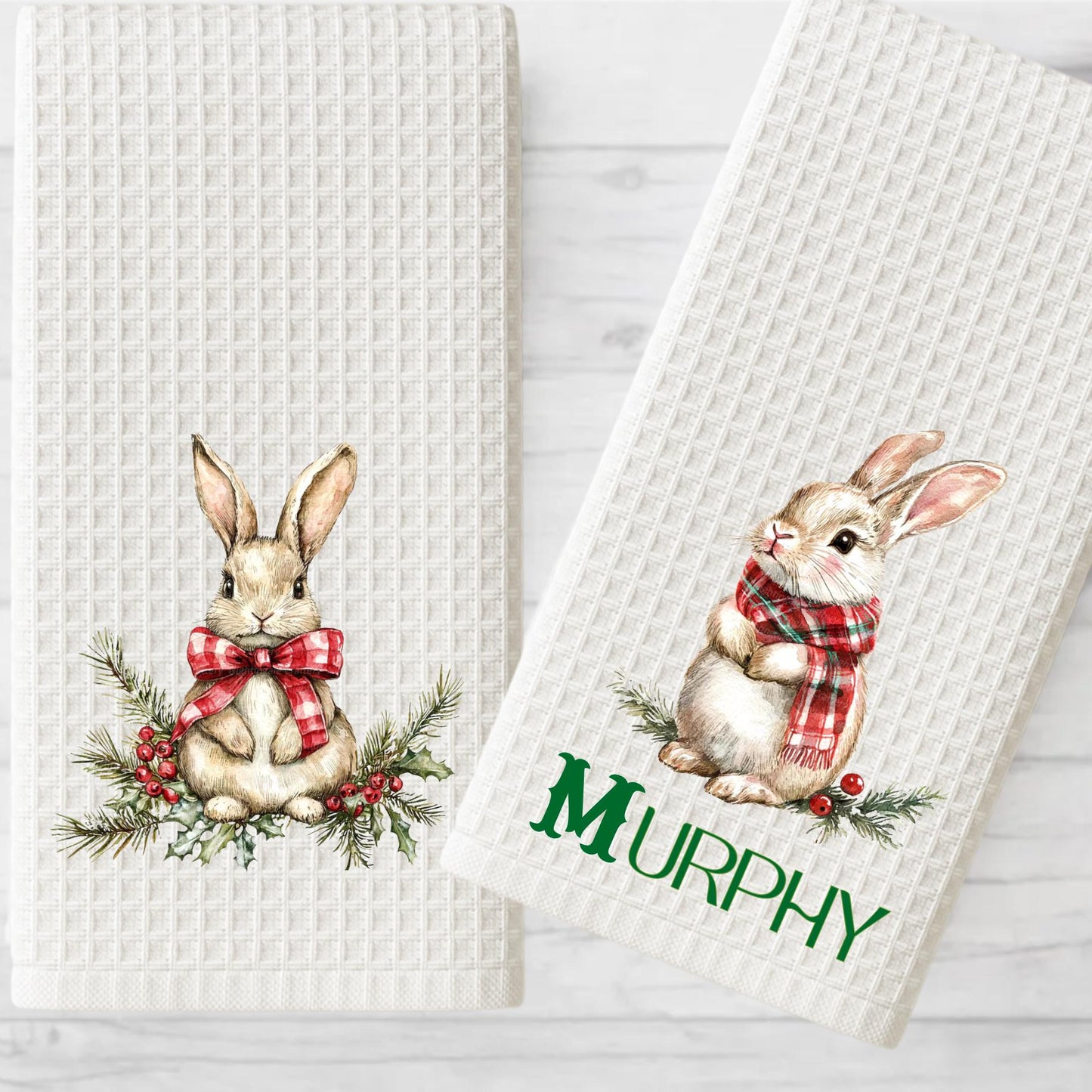 Personalized Rabbit Christmas Kitchen Towel: Preppy Holiday Decor