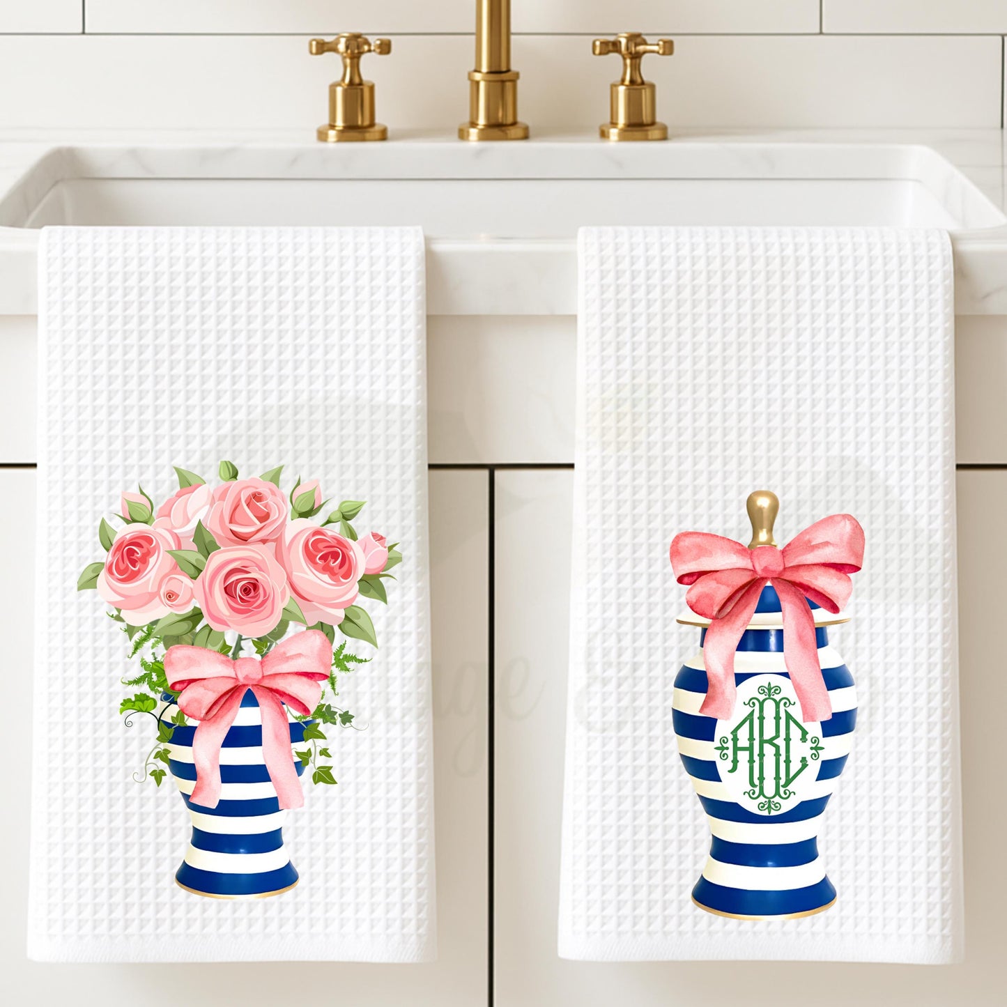 Blue & Pink Floral Ginger Jar Tea Towels Preppy French Country Decor Grand Millennial